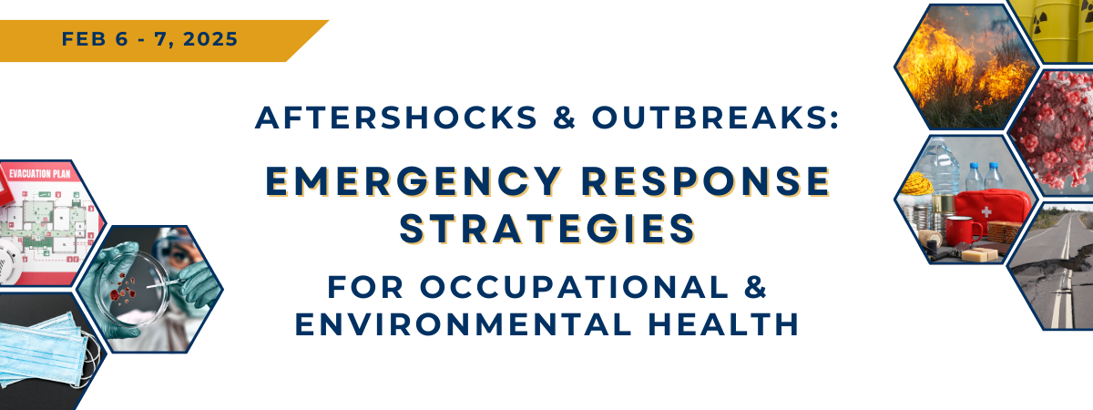 Banner of Event Title with photos related to infectious disease, wildfires, and earthquakes