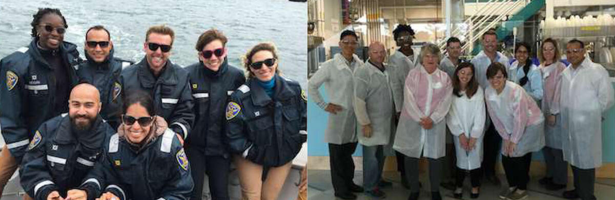 Photo of 7 UCSF Occupational Medicine Residents in matching blue coats smiling for the camera with water in the background; second photo of 11 UCSF Occupational Medicine Residents & others in matching white lab coats smiling for the camera in a factory