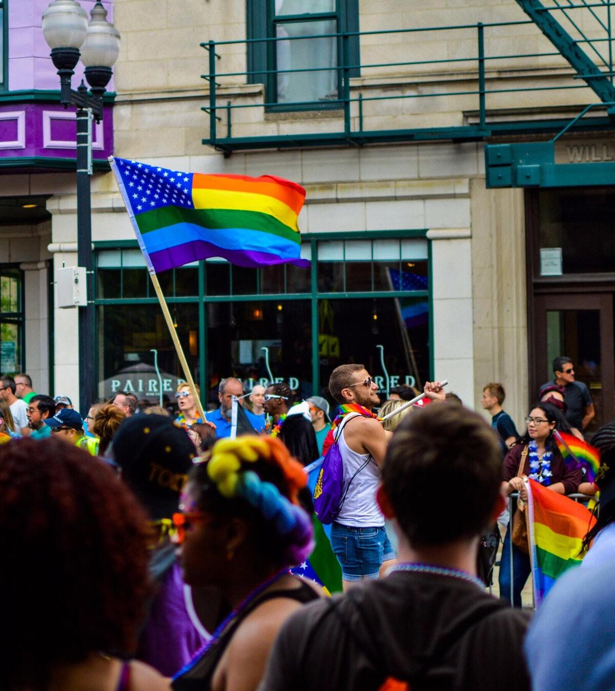 LGBT+ pride parade, man walking with a flag surrounded by a crowd of cheering supporters