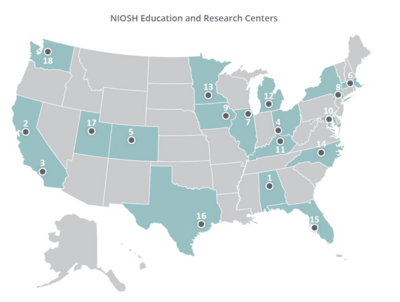NIOSH Education and Research Centers Locations on Map from CDC
